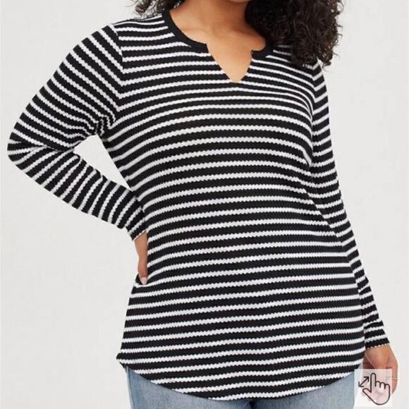 Torrid Waffle Notch Neck Long Sleeve Tee Striped | 0 L - Picture 1 of 5